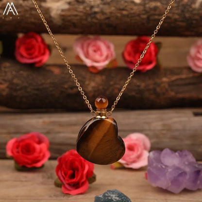 Heart Shape Perfume Bottle Pendant Women Natural Gemstone Crystal Gold Chains Necklace Fashion Boho Jewelry Gifts