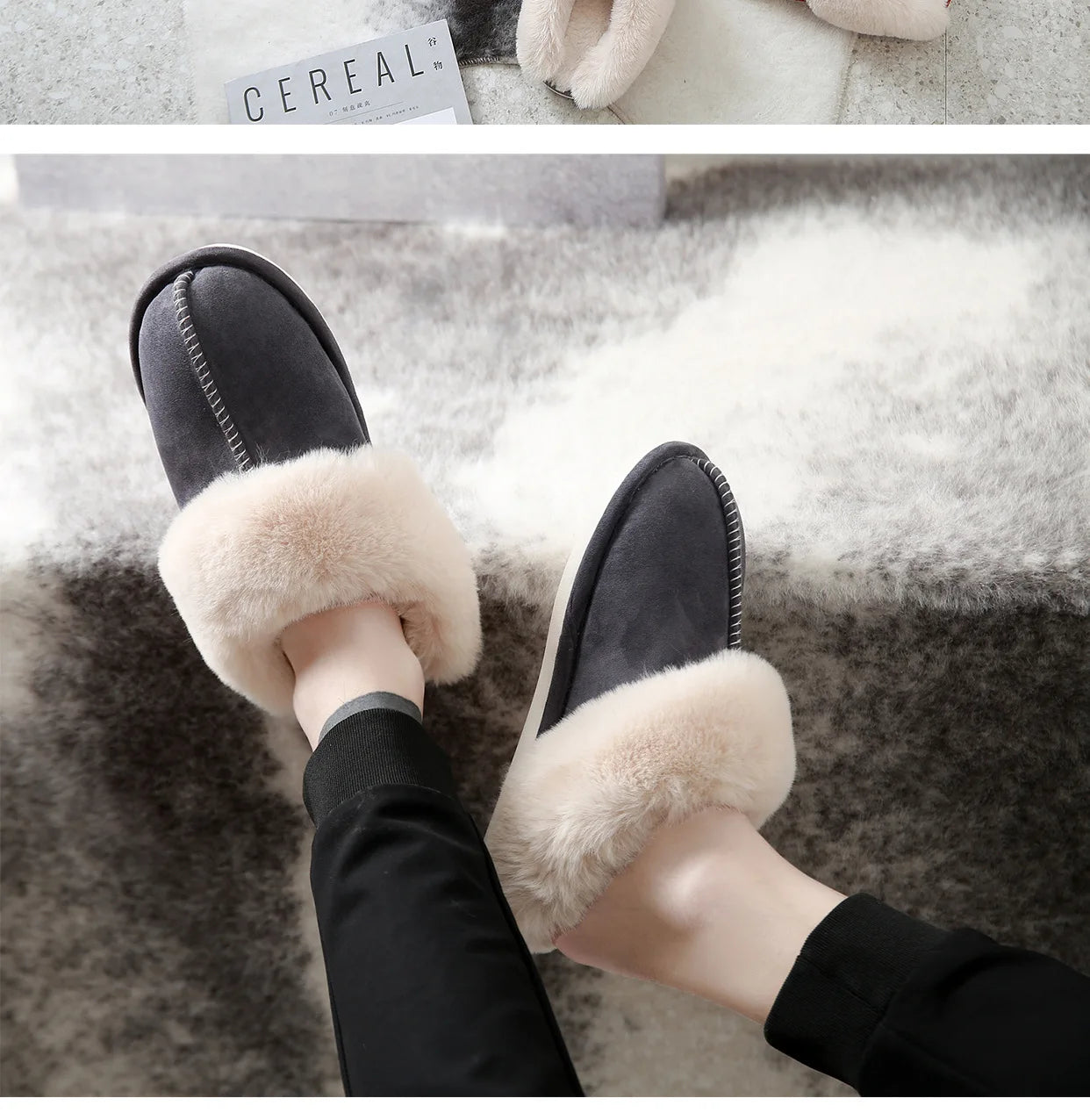 Luxury Faux Suede Home Women Full Fur Slippers Winter Warm Plush Bedroom Non-Slip Couples Shoes Indoor Ladies Furry Slippers