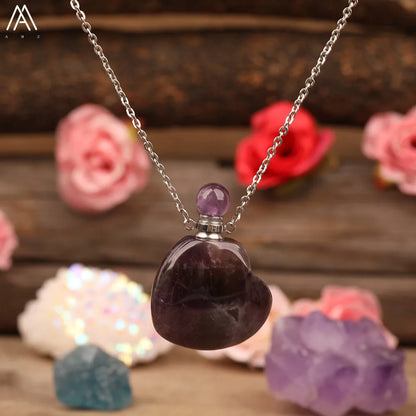 Heart Shape Perfume Bottle Pendant Women Natural Gemstone Crystal Gold Chains Necklace Fashion Boho Jewelry Gifts