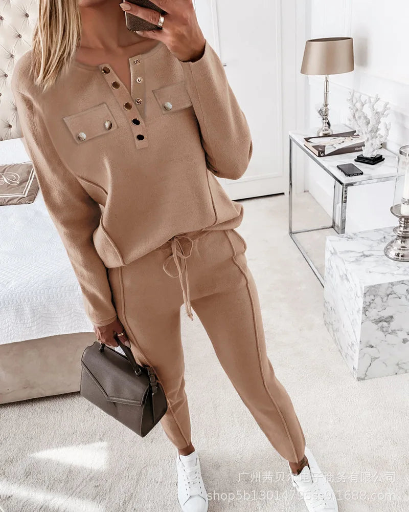 Female Two-Piece High Quality 2023 Autumn Fashion New Women's Khaki Love Sequin Top Casual Drawstring Pants Suit Lady Set Daily