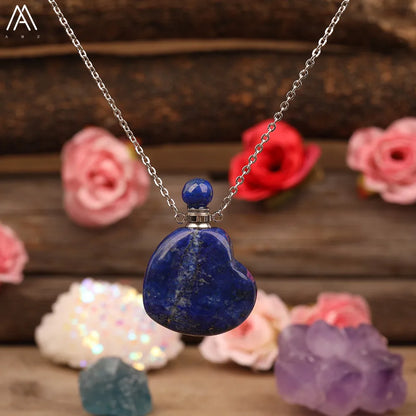 Heart Shape Perfume Bottle Pendant Women Natural Gemstone Crystal Gold Chains Necklace Fashion Boho Jewelry Gifts