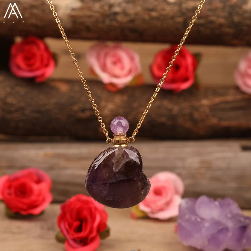 Heart Shape Perfume Bottle Pendant Women Natural Gemstone Crystal Gold Chains Necklace Fashion Boho Jewelry Gifts