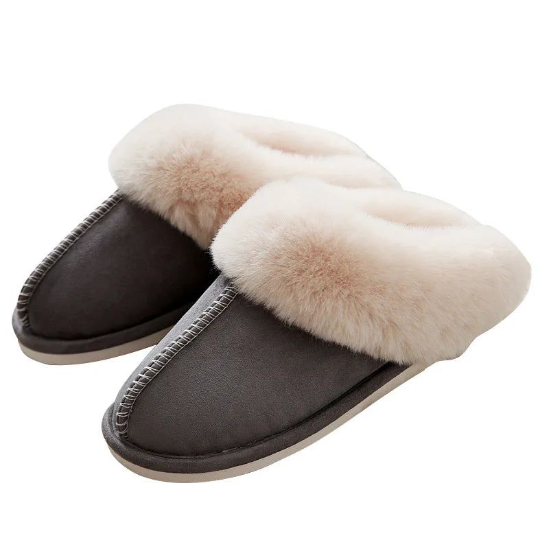 Luxury Faux Suede Home Women Full Fur Slippers Winter Warm Plush Bedroom Non-Slip Couples Shoes Indoor Ladies Furry Slippers