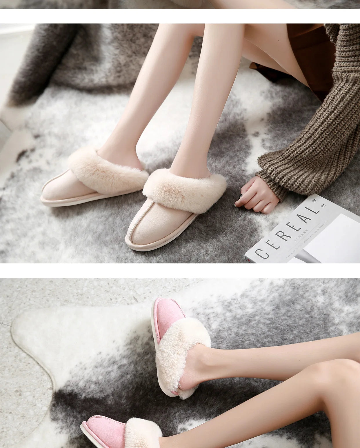 Luxury Faux Suede Home Women Full Fur Slippers Winter Warm Plush Bedroom Non-Slip Couples Shoes Indoor Ladies Furry Slippers