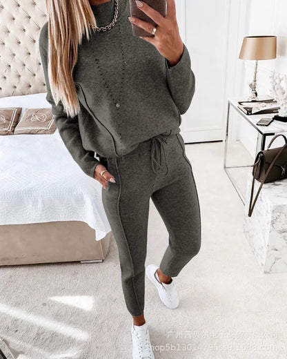 Female Two-Piece High Quality 2023 Autumn Fashion New Women's Khaki Love Sequin Top Casual Drawstring Pants Suit Lady Set Daily