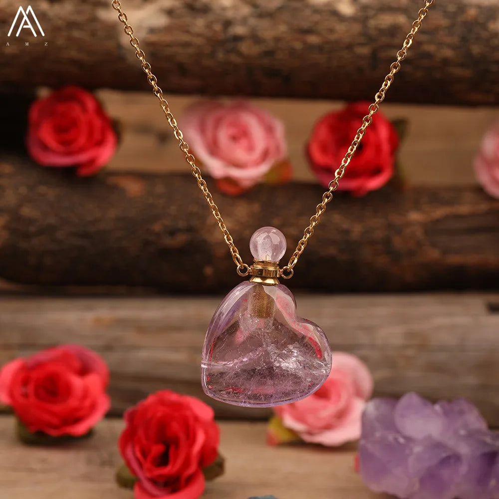 Heart Shape Perfume Bottle Pendant Women Natural Gemstone Crystal Gold Chains Necklace Fashion Boho Jewelry Gifts