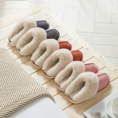 Luxury Faux Suede Home Women Full Fur Slippers Winter Warm Plush Bedroom Non-Slip Couples Shoes Indoor Ladies Furry Slippers