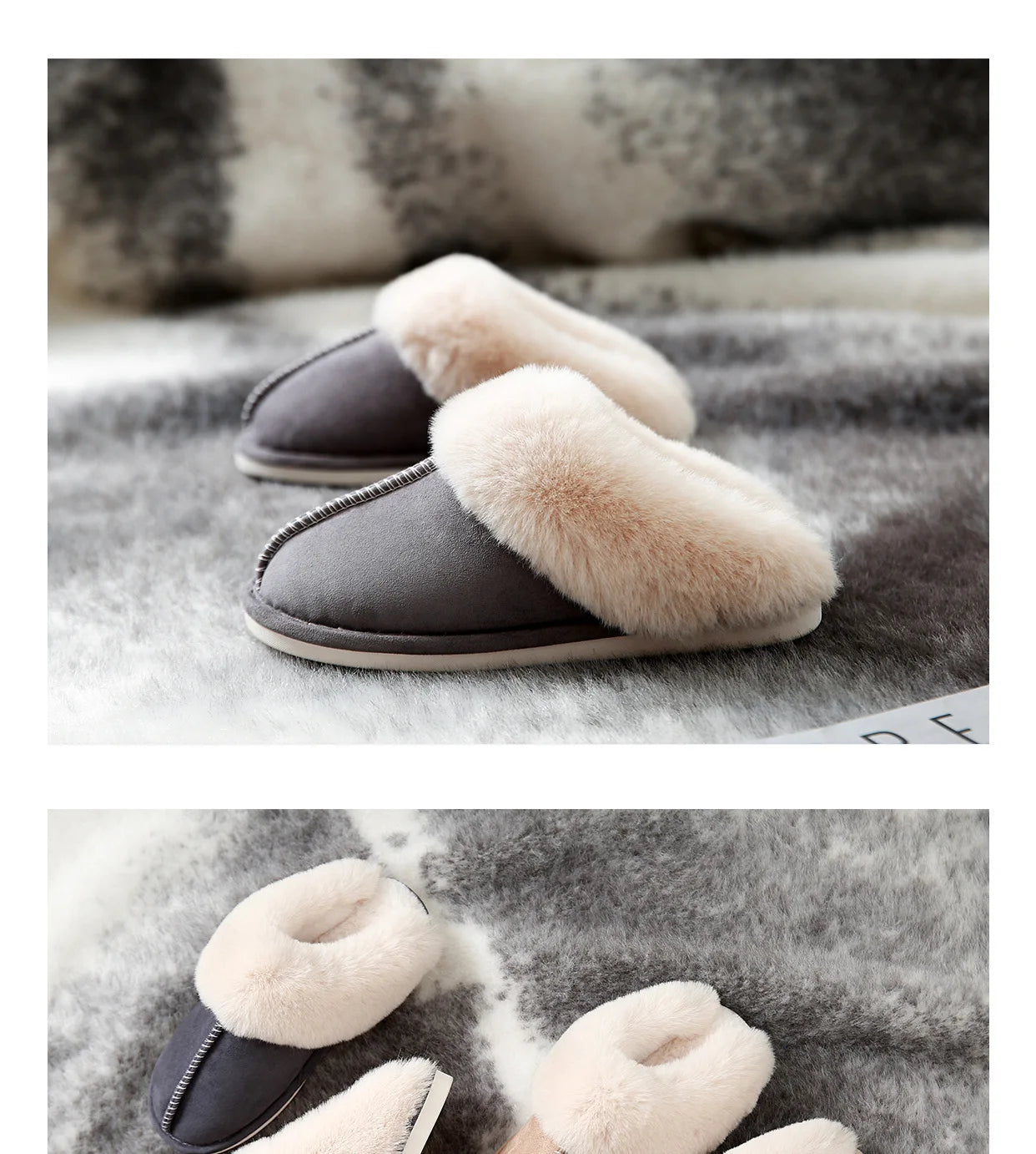 Luxury Faux Suede Home Women Full Fur Slippers Winter Warm Plush Bedroom Non-Slip Couples Shoes Indoor Ladies Furry Slippers