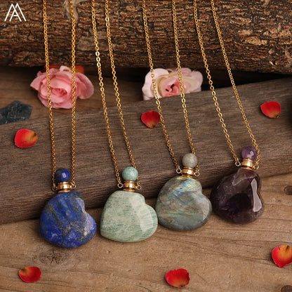 Heart Shape Perfume Bottle Pendant Women Natural Gemstone Crystal Gold Chains Necklace Fashion Boho Jewelry Gifts