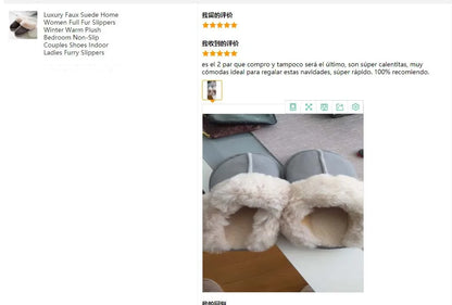 Luxury Faux Suede Home Women Full Fur Slippers Winter Warm Plush Bedroom Non-Slip Couples Shoes Indoor Ladies Furry Slippers