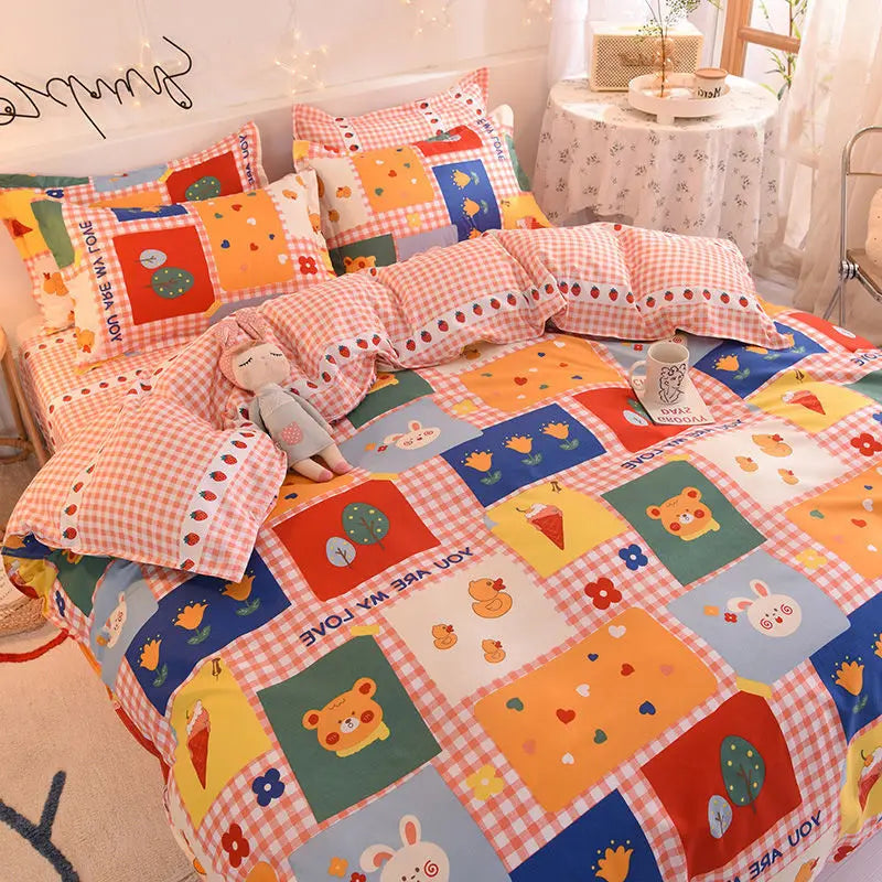 Orange Bedding Set Girls Boys Bed Linen Sheet Plaid Duvet Cover No Filling 240x220 Single Double Queen King Bedclothes