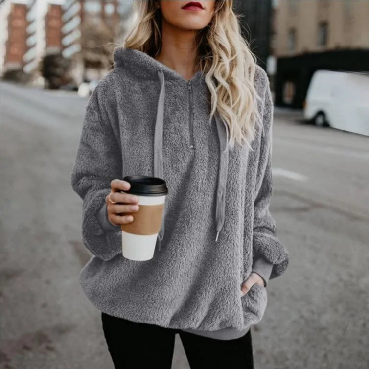 Women's Long-Sleeved Hooded Sweater, Monochromatic Coat, Fashion Trend