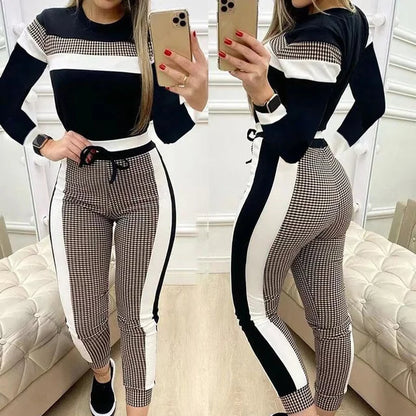 Female Two-Piece High Quality 2023 Autumn Fashion New Women's Khaki Love Sequin Top Casual Drawstring Pants Suit Lady Set Daily