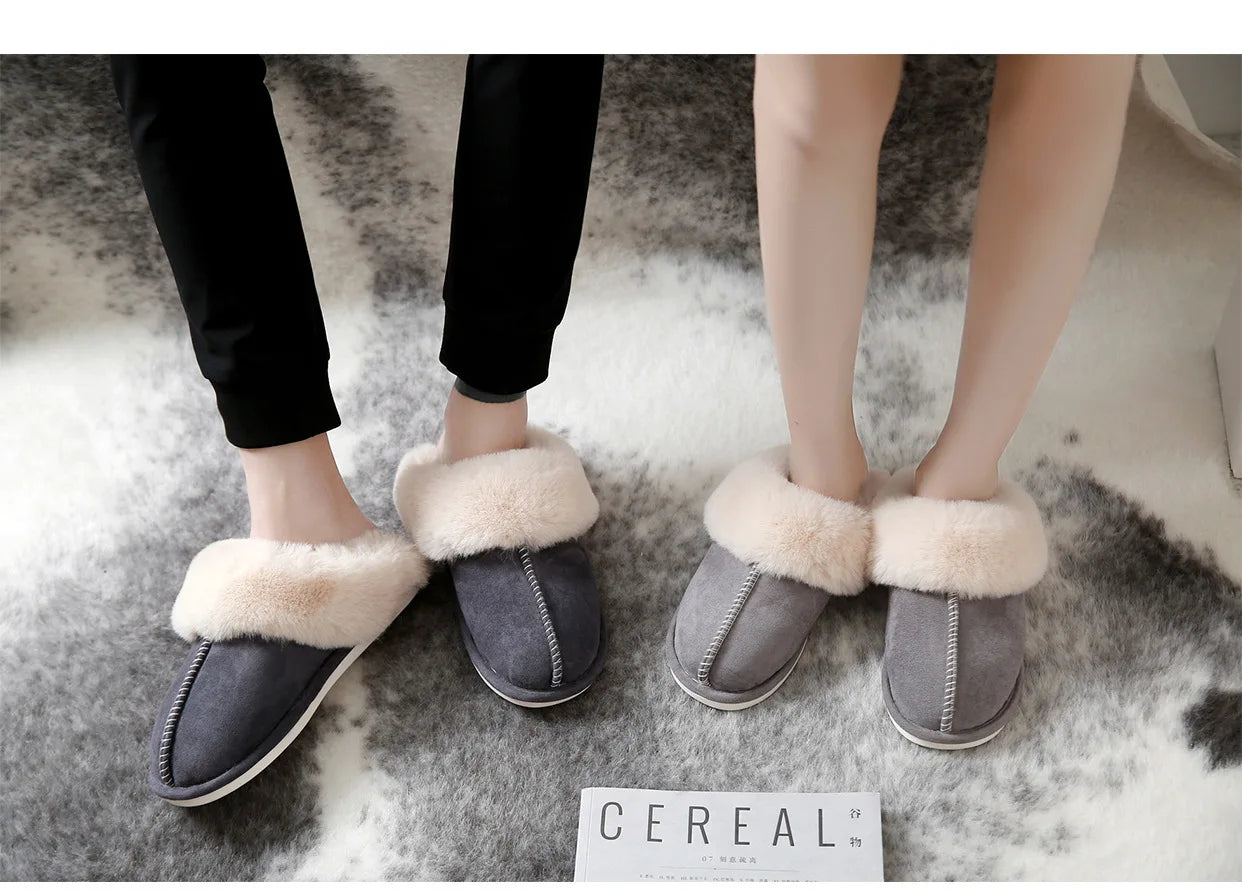 Luxury Faux Suede Home Women Full Fur Slippers Winter Warm Plush Bedroom Non-Slip Couples Shoes Indoor Ladies Furry Slippers