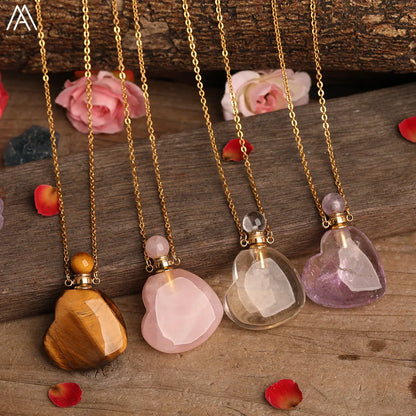 Heart Shape Perfume Bottle Pendant Women Natural Gemstone Crystal Gold Chains Necklace Fashion Boho Jewelry Gifts