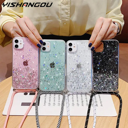 With Neck Strap Rope Cord Clear Glitter Case for iphone 11 12 13 14 15 pro max se 2 2020 2022 Crossbody Lanyard Cover Fundas