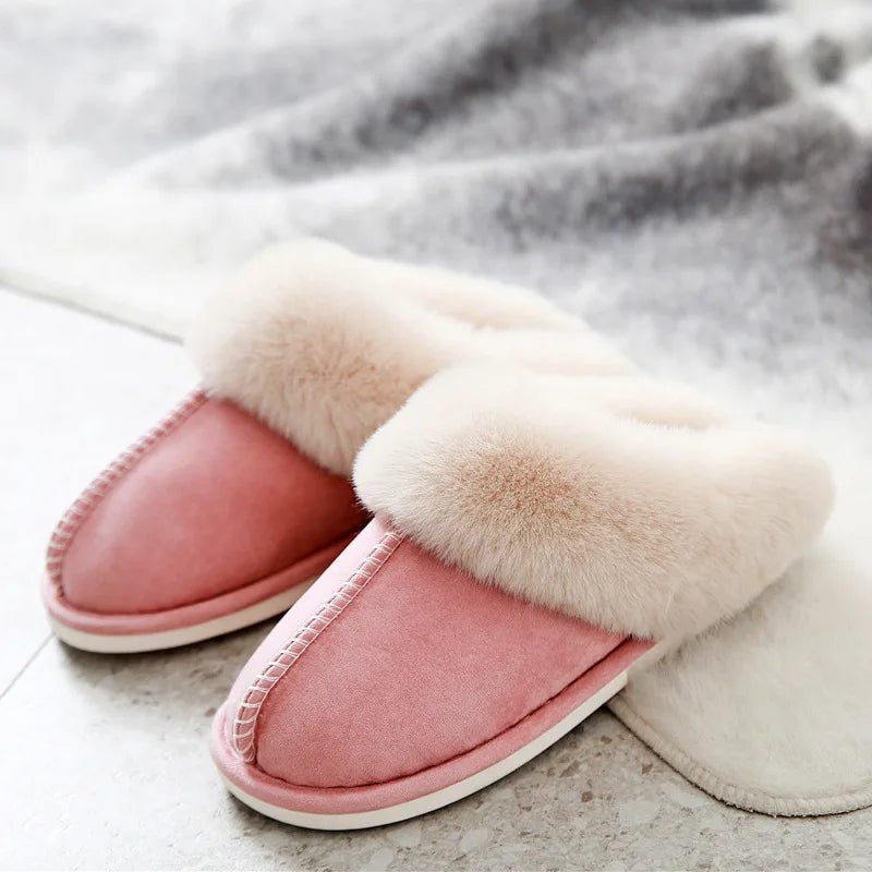 Luxury Faux Suede Home Women Full Fur Slippers Winter Warm Plush Bedroom Non-Slip Couples Shoes Indoor Ladies Furry Slippers