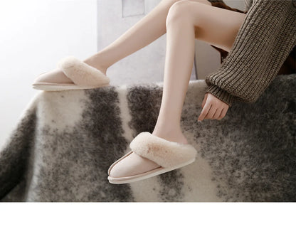 Luxury Faux Suede Home Women Full Fur Slippers Winter Warm Plush Bedroom Non-Slip Couples Shoes Indoor Ladies Furry Slippers