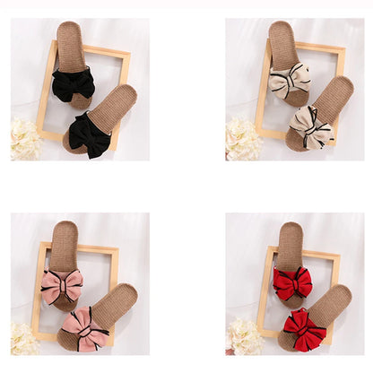 Mntrerm 2024 New Casual Sneakers For Home Slippers Summer Bow-knot Soft Floor Woman Indoor Flats Shoes Cute Linen Slipper Terlik