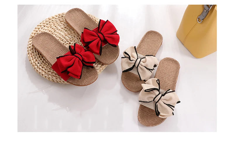 Mntrerm 2024 New Casual Sneakers For Home Slippers Summer Bow-knot Soft Floor Woman Indoor Flats Shoes Cute Linen Slipper Terlik