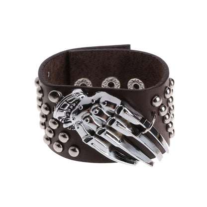 1Pc Faux Leather Hand Bone Rivets Wide Buckle Wristband Bracelet Punk Rock