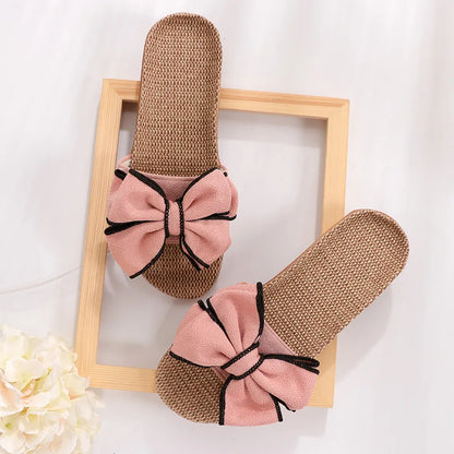 Mntrerm 2024 New Casual Sneakers For Home Slippers Summer Bow-knot Soft Floor Woman Indoor Flats Shoes Cute Linen Slipper Terlik