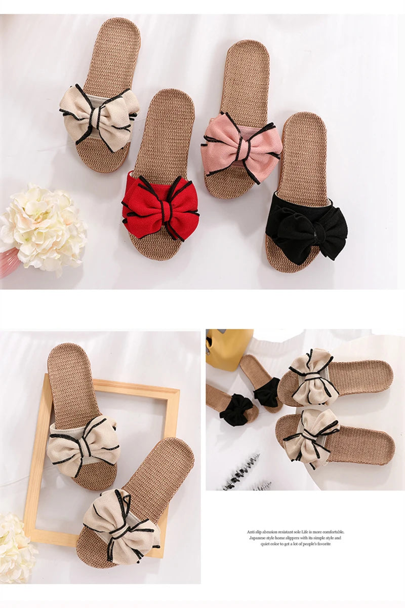 Mntrerm 2024 New Casual Sneakers For Home Slippers Summer Bow-knot Soft Floor Woman Indoor Flats Shoes Cute Linen Slipper Terlik