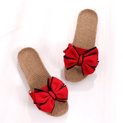 Mntrerm 2024 New Casual Sneakers For Home Slippers Summer Bow-knot Soft Floor Woman Indoor Flats Shoes Cute Linen Slipper Terlik