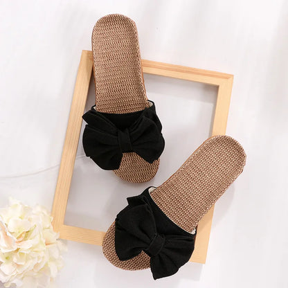 Mntrerm 2024 New Casual Sneakers For Home Slippers Summer Bow-knot Soft Floor Woman Indoor Flats Shoes Cute Linen Slipper Terlik