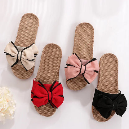 Mntrerm 2024 New Casual Sneakers For Home Slippers Summer Bow-knot Soft Floor Woman Indoor Flats Shoes Cute Linen Slipper Terlik