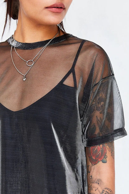 2024 Summer Sexy Mesh Tee See-Through Women T-shirts Short Sleeve Perspective Shine Casual Women Tops Lady Vintage Blusa