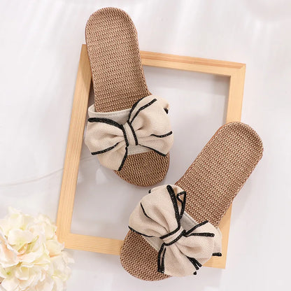 Mntrerm 2024 New Casual Sneakers For Home Slippers Summer Bow-knot Soft Floor Woman Indoor Flats Shoes Cute Linen Slipper Terlik