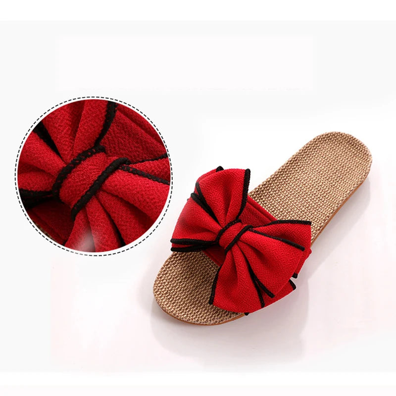 Mntrerm 2024 New Casual Sneakers For Home Slippers Summer Bow-knot Soft Floor Woman Indoor Flats Shoes Cute Linen Slipper Terlik