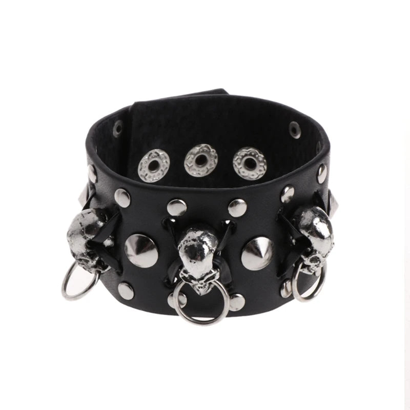 1Pc Faux Leather Hand Bone Rivets Wide Buckle Wristband Bracelet Punk Rock