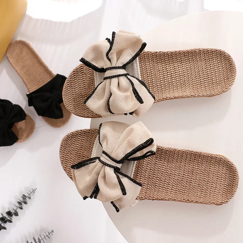 Mntrerm 2024 New Casual Sneakers For Home Slippers Summer Bow-knot Soft Floor Woman Indoor Flats Shoes Cute Linen Slipper Terlik