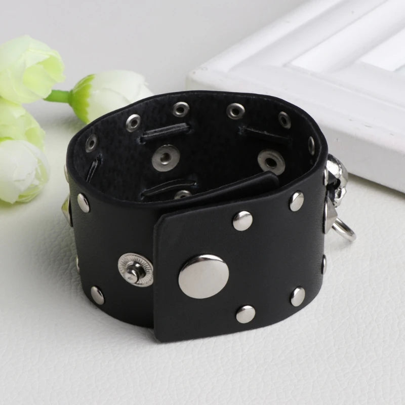 1Pc Faux Leather Hand Bone Rivets Wide Buckle Wristband Bracelet Punk Rock