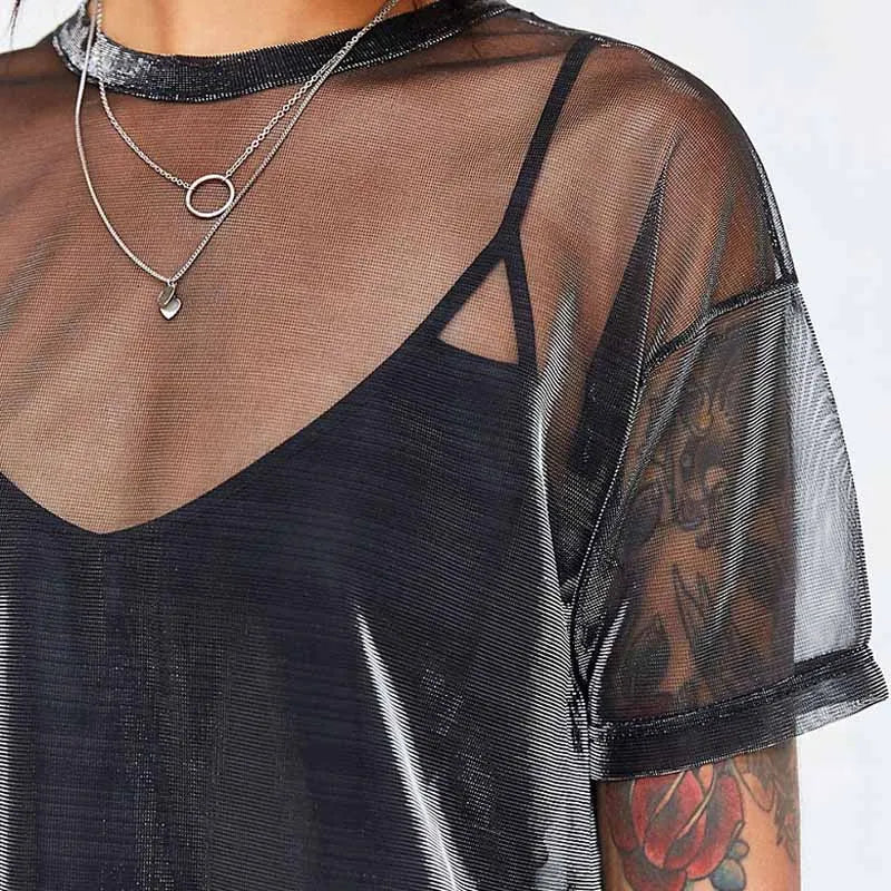 2024 Summer Sexy Mesh Tee See-Through Women T-shirts Short Sleeve Perspective Shine Casual Women Tops Lady Vintage Blusa