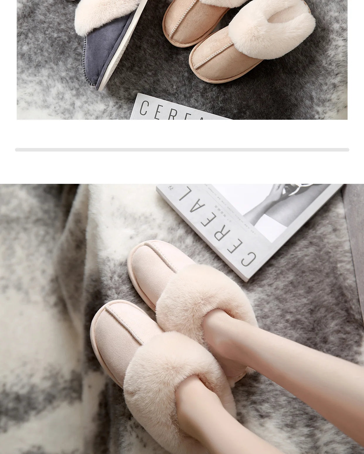 Luxury Faux Suede Home Women Full Fur Slippers Winter Warm Plush Bedroom Non-Slip Couples Shoes Indoor Ladies Furry Slippers