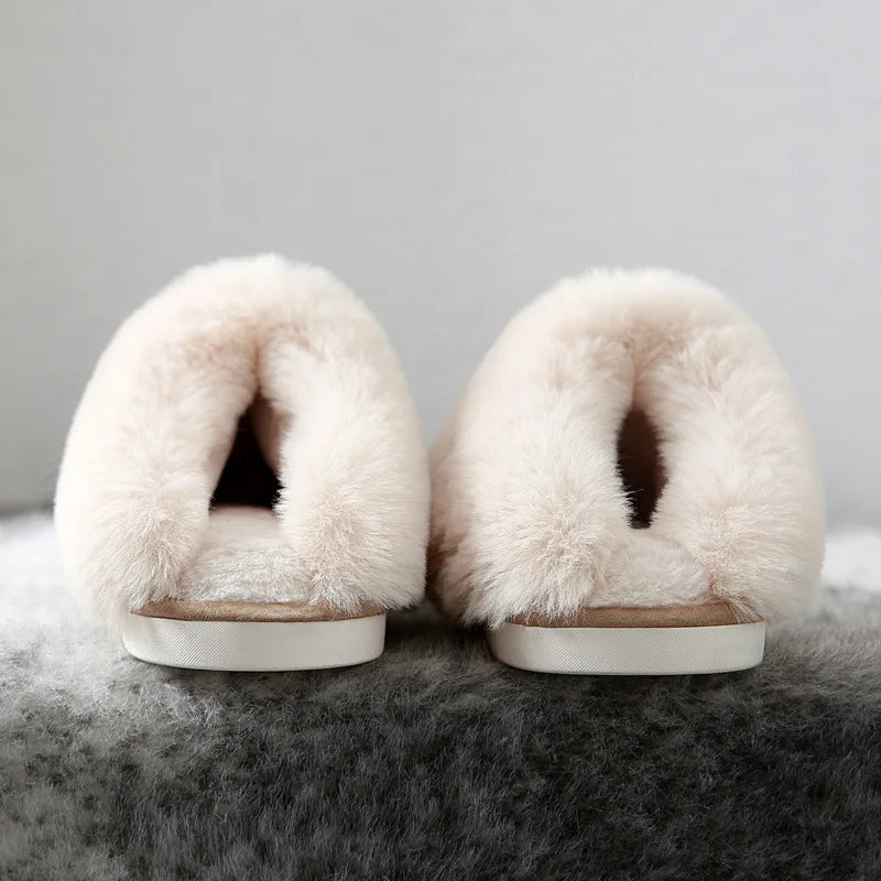 Luxury Faux Suede Home Women Full Fur Slippers Winter Warm Plush Bedroom Non-Slip Couples Shoes Indoor Ladies Furry Slippers