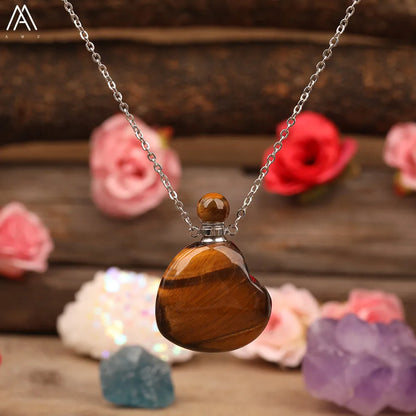 Heart Shape Perfume Bottle Pendant Women Natural Gemstone Crystal Gold Chains Necklace Fashion Boho Jewelry Gifts