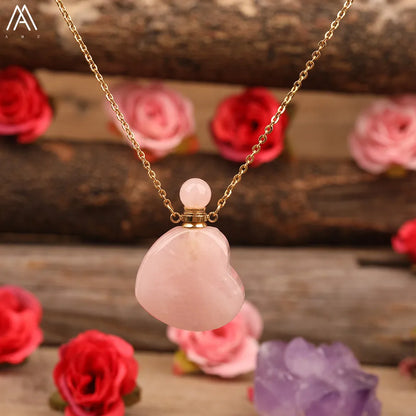 Heart Shape Perfume Bottle Pendant Women Natural Gemstone Crystal Gold Chains Necklace Fashion Boho Jewelry Gifts