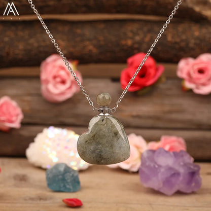 Heart Shape Perfume Bottle Pendant Women Natural Gemstone Crystal Gold Chains Necklace Fashion Boho Jewelry Gifts