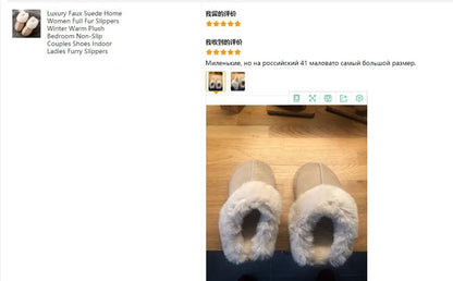 Luxury Faux Suede Home Women Full Fur Slippers Winter Warm Plush Bedroom Non-Slip Couples Shoes Indoor Ladies Furry Slippers