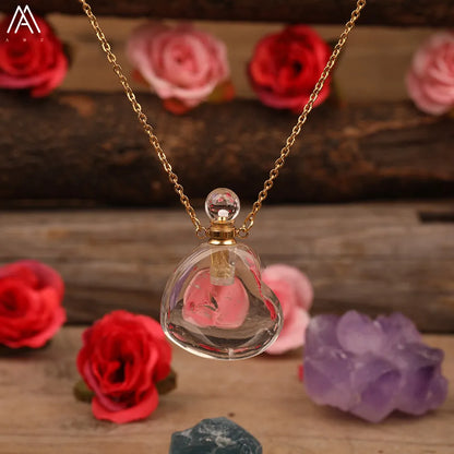 Heart Shape Perfume Bottle Pendant Women Natural Gemstone Crystal Gold Chains Necklace Fashion Boho Jewelry Gifts