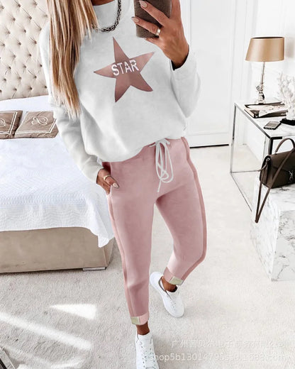 Female Two-Piece High Quality 2023 Autumn Fashion New Women's Khaki Love Sequin Top Casual Drawstring Pants Suit Lady Set Daily