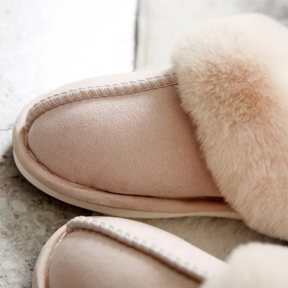 Luxury Faux Suede Home Women Full Fur Slippers Winter Warm Plush Bedroom Non-Slip Couples Shoes Indoor Ladies Furry Slippers