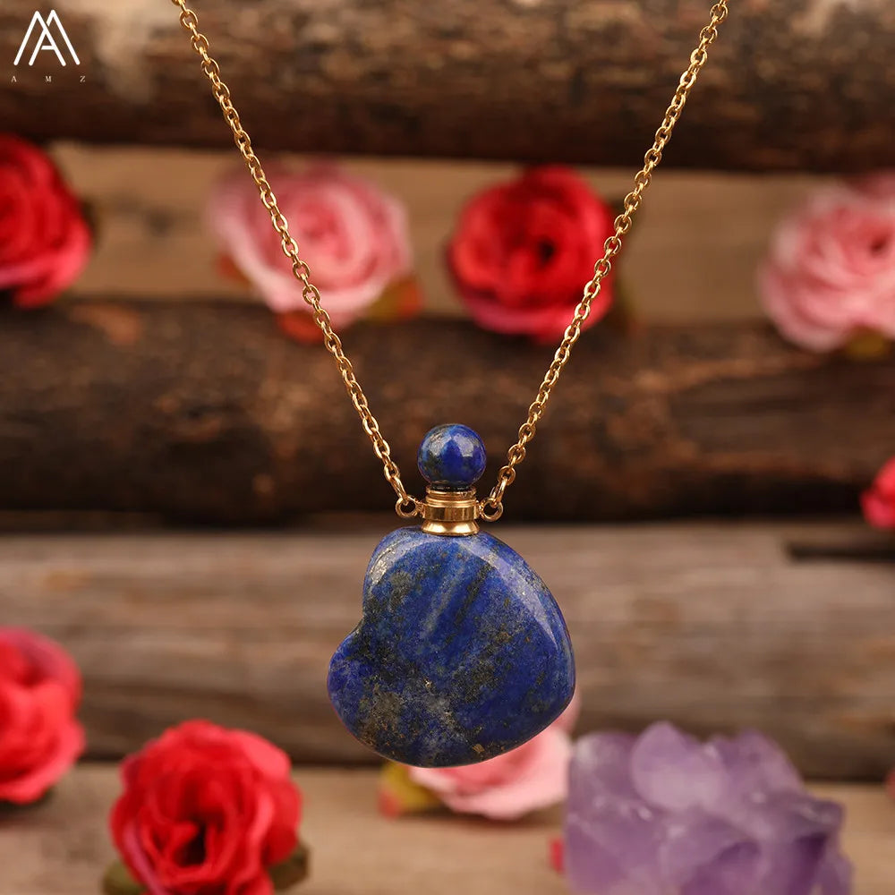 Heart Shape Perfume Bottle Pendant Women Natural Gemstone Crystal Gold Chains Necklace Fashion Boho Jewelry Gifts