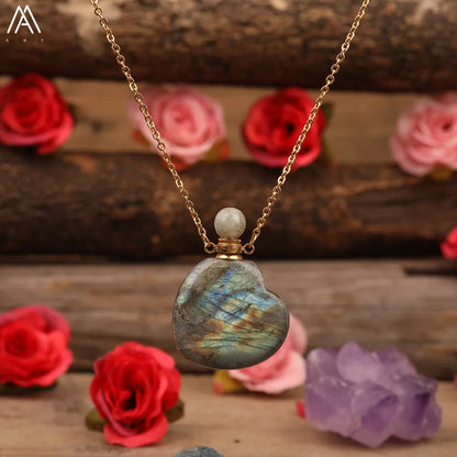 Heart Shape Perfume Bottle Pendant Women Natural Gemstone Crystal Gold Chains Necklace Fashion Boho Jewelry Gifts