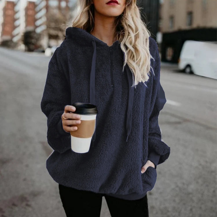 Women's Long-Sleeved Hooded Sweater, Monochromatic Coat, Fashion Trend