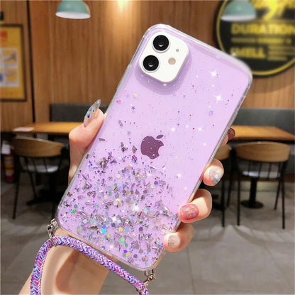 With Neck Strap Rope Cord Clear Glitter Case for iphone 11 12 13 14 15 pro max se 2 2020 2022 Crossbody Lanyard Cover Fundas